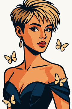 Beautiful Elegant Woman Portrait Graphic Design Shorthair Girl Character Wearing Blue Off Shoulder Evening Gown Golden Earrings Butterflies Fashion Beauty Banner Poster Artwork
