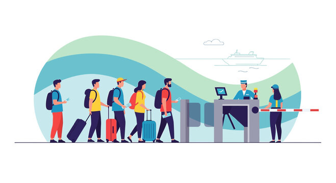 Travelers queuing for ferry boarding at terminal gate, sea voyage concept