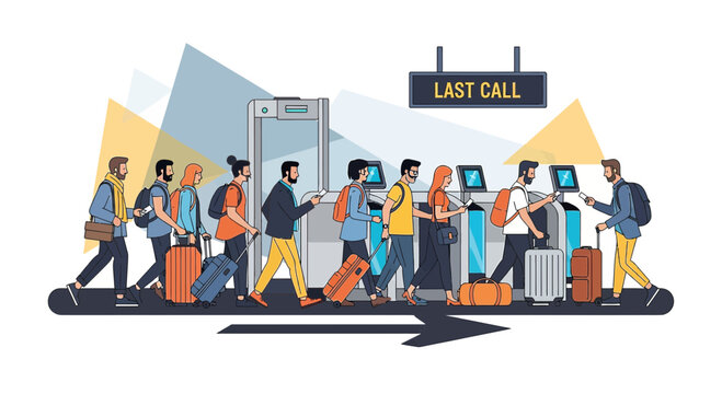 Travelers rushing through airport security gate with luggage, last call sign