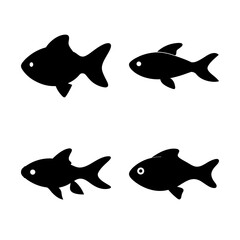 Naklejka premium Four black fish icons in a line - Simple vector icons of four black fish swimming in a straight line, minimalist design for various uses.