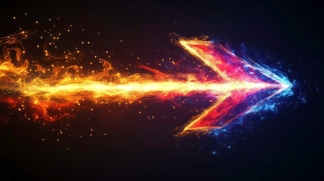 A fiery arrow with a blue and red tail, burning bright against a black background, symbolizing power, passion, and progress.