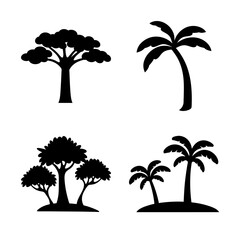 Naklejka premium Black and white tropical trees icon set - Minimalist vector icons of stylized tropical trees including palm and baobab trees in black and white.