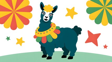 Naklejka premium Cute cartoon llama illustration with festive flowers illustration whimsical colorful children