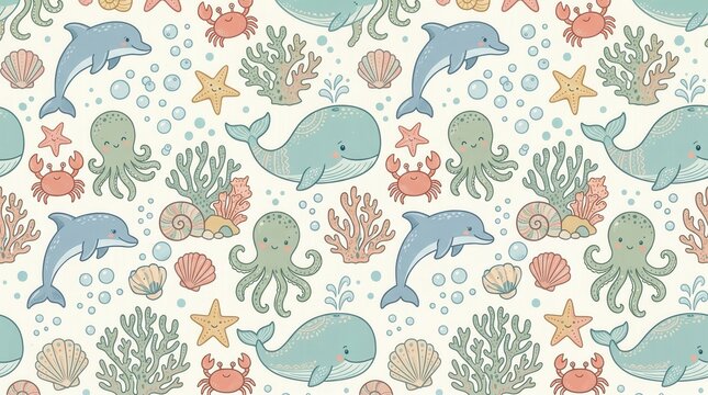 Adorable dolphins, whales, and octopuses play with crabs and starfish in a vibrant sea pattern