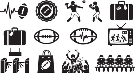 Collection of black and white vector graphic icons depicting american football players fans gear and stadium related game day activities © Monivara Creations