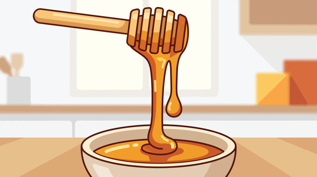 Sweet honey dripping from wooden dipper into bowl, food ingredient, vector illustration.