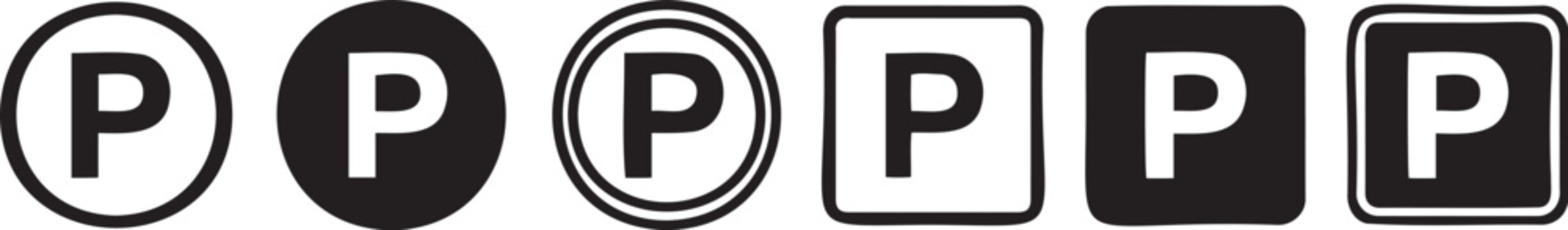 Minimalist vector graphic set featuring various black and white parking symbols presented in distinct circular and square border design styles