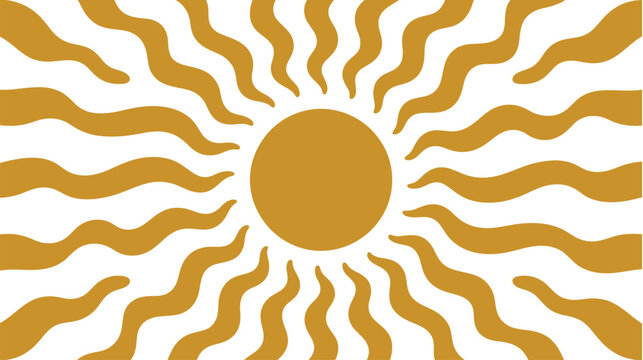 Gold stylized sunburst, retro radial sun with flowing wavy rays, symmetrical decorative vector illustration design.