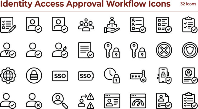 Minimal vector icon set of identity access approval workflow user verification authorization and security management symbols
