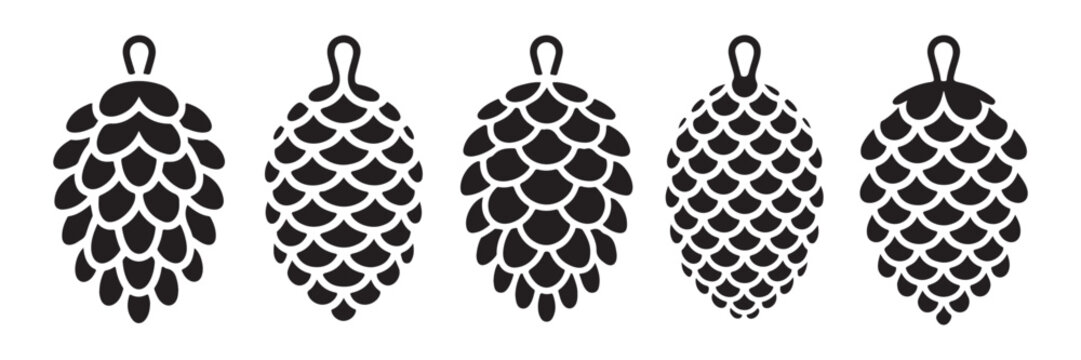 Set of decorative spruce pine cones flat icons isolated on grey background for winter seasonal design.