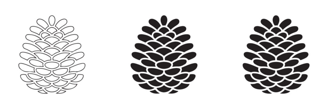Set of three black pine cones icons with outline and filled styles on transparent background.