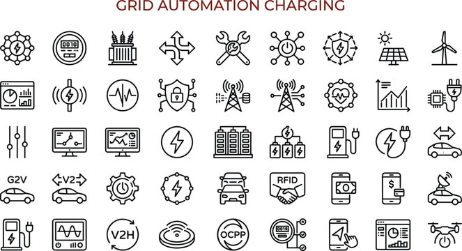 Minimal vector icon set of grid automation charging infrastructure electric vehicle energy control and power monitoring symbols
