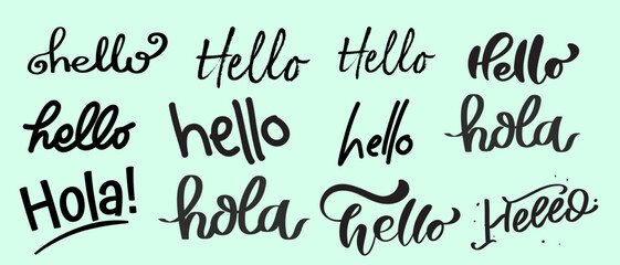Creative hand-lettered text layout featuring the words hello and hola in multiple elegant cursive script fonts and calligraphy styles on a mint background. Vector illustration. © Taiba