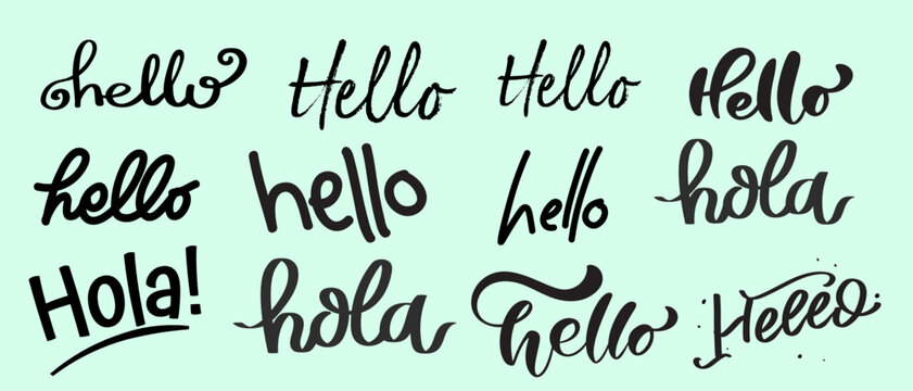 Creative hand-lettered text layout featuring the words hello and hola in multiple elegant cursive script fonts and calligraphy styles on a mint background. Vector illustration.