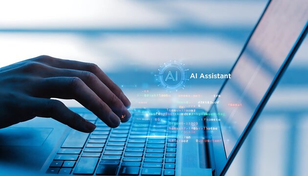 AI coding assistant for software development concept. Programmer use laptop with code and AI brain represent artificial intelligence, AI programming, machine learning code.