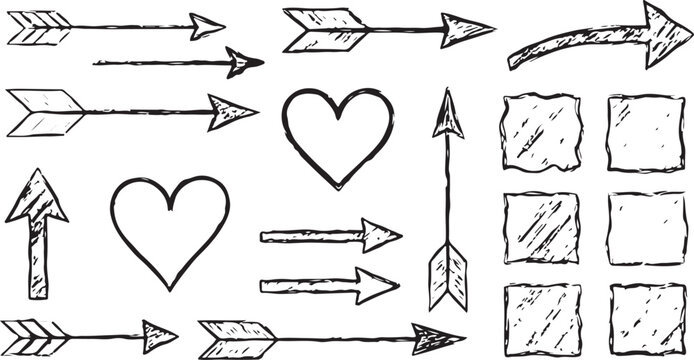 Black Hand Drawn Chalk Arrows and Hearts Set - Textured Sketch Elements on White Background