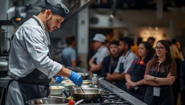 Professional chef conducts live culinary workshop for attentive students in modern commercial kitchen during educational food safety training event