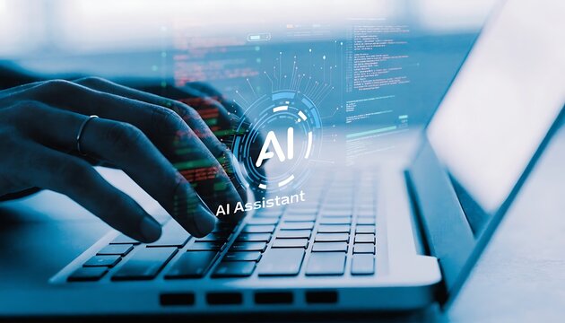 AI coding assistant for software development concept. Programmer use laptop with code and AI brain represent artificial intelligence, AI programming, machine learning code.