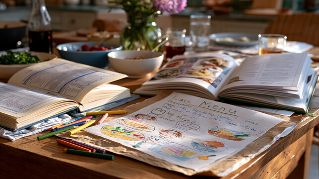 Child's perspective drawing of imagined restaurant kitchen menu on construction paper at kitchen table, crayon chef hat figures and food illustrations, parent's actual recipe notebook open beside fo