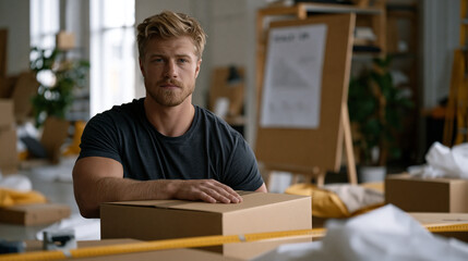 Obraz premium Frantic solo founder unpacking boxes in a new warehouse space that is visibly already too small for current inventory, measuring tape across the floor, a scale-up plan pinned to a makeshift corkboar