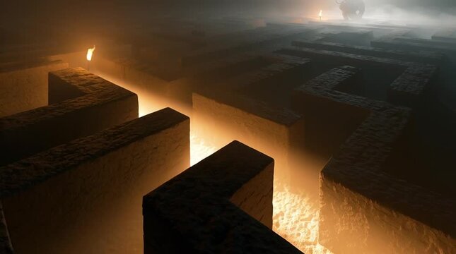Endless ancient labyrinth illuminated by moving torchlight, giant Minotaur silhouette appearing through drifting fog at distant intersections, dark fantasy atmosphere