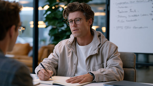 First hire candidate asking a sharp question during a job interview while the nervous founder scribbles furiously, their roles almost reversed, the founder clearly unprepared for the question, a whi