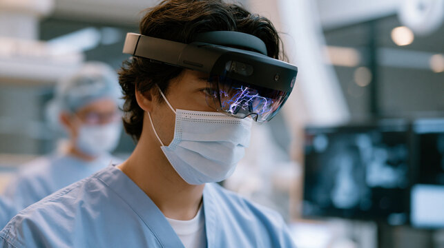 Interventional radiologist using mixed reality headset to navigate catheter placement guided by real time AR vessel mapping overlay, minimally invasive vascular procedure, precision image guided int