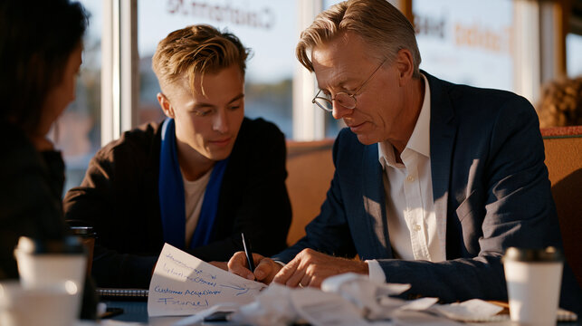Mentor in his sixties sketching a customer acquisition funnel on a paper napkin for a twenty-something founder at a diner booth, both leaning over the table intently, morning light streaming through
