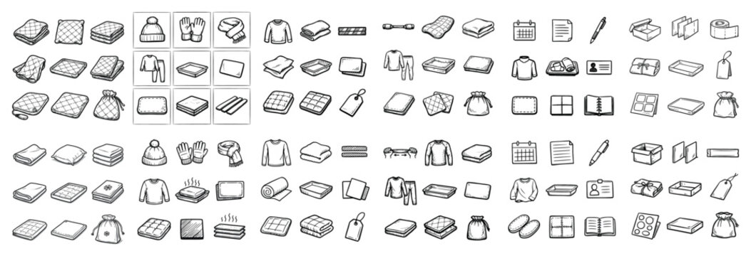 Shopping and packaging design icons with book shirt box for infographic layout in sketch outline style