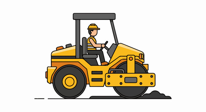 Construction worker driving a yellow steamroller flattening asphalt on a white background