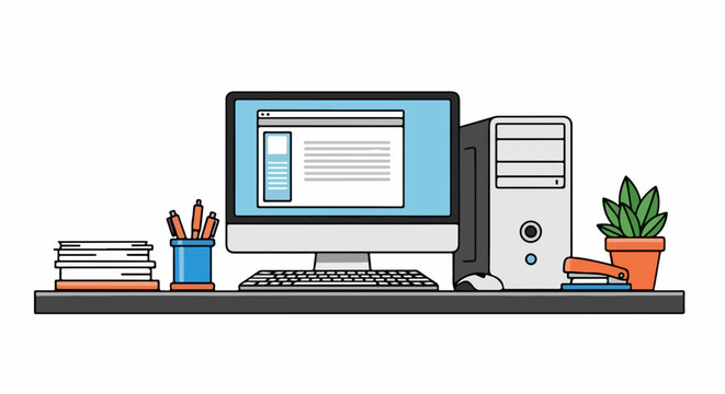 Modern computer setup on a shelf with books, pens and a plant