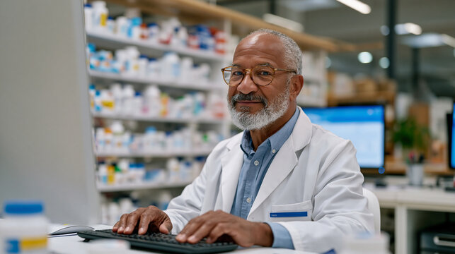 Senior care pharmacist entering medication list into AI interaction screening platform for nursing home resident with fourteen concurrent prescriptions, polypharmacy risk reduction, long-term care f