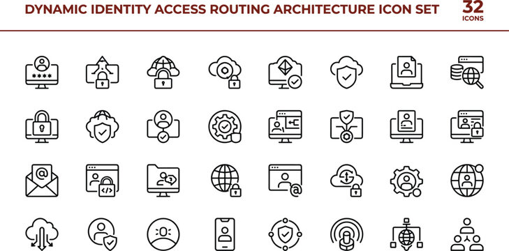 Minimal vector icon set of dynamic identity access routing architecture cloud security and authentication management symbols