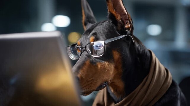 Glasses-wearing dog sits at laptop