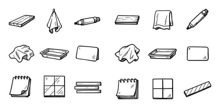 Cleaning and household design icons with cloth, marker and notepad for web interface design in hand drawn style