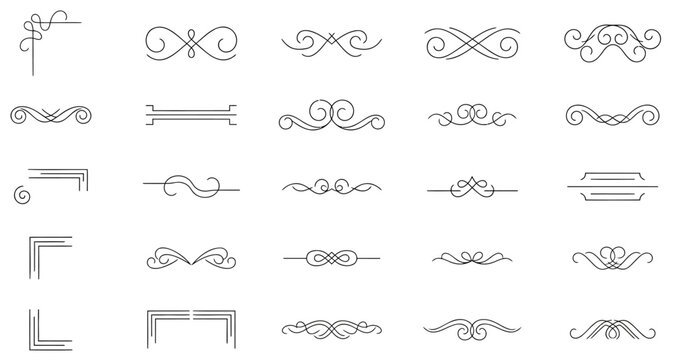 Elegant collection of vintage calligraphic flourishes and decorative corner dividers featuring intricate thin black lines designed for sophisticated invitations and classic stationery templates
