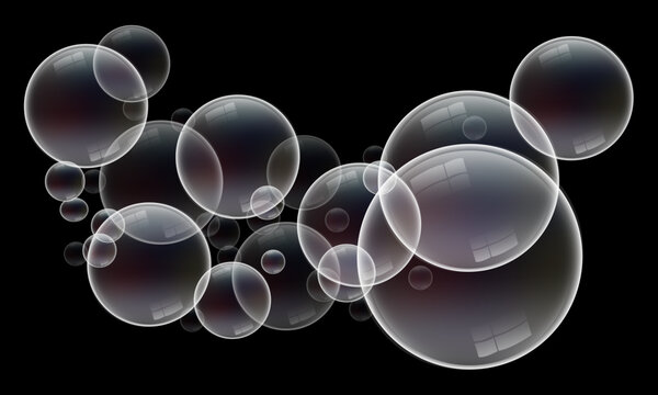 Collection of realistic soap bubbles floating in black background with reflections.