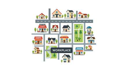 Obraz premium Flat Design City Map Illustration with Residential Houses, Cafes, Parks, and Central Workplace Icon