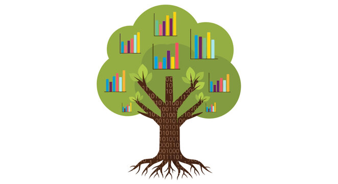 Sustainable Big Data Growth Concept Illustration with Binary Code Tree Trunk and Financial Bar Charts