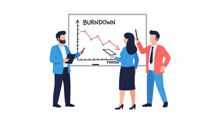 Obraz premium Agile Project Management Team Analyzing Burndown Chart on Whiteboard Illustration