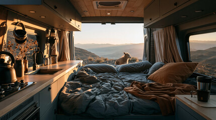 Fototapeta premium Van Life Adventure: Cozy Pet-Friendly Home on Wheels with Mountain Views and Golden Hour Serenity
