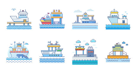 Naklejka premium Colorful cargo ships and boats at sea - Vibrant vector illustration of various ships and boats sailing on calm ocean waters with blue sky backdrop.
