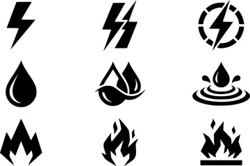 Fototapeta premium Energy and Power Silhouette Icons Vector, Lightning Bolt Fire Flame and Liquid Element Sign