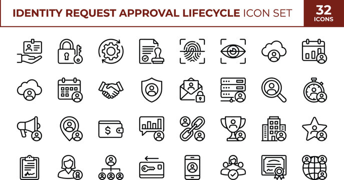 Minimal vector icon set of identity request approval lifecycle workflow access verification and security management symbols