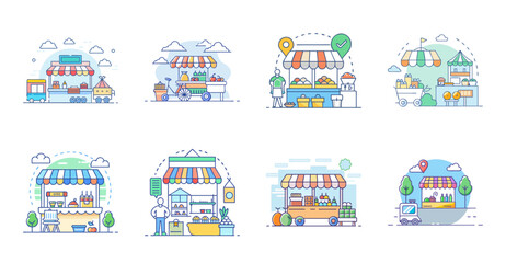 Naklejka premium Flat icons of people using digital devices and services - Colorful set of flat icons showing people engaging with apps, shopping, travel, and communication on devices.