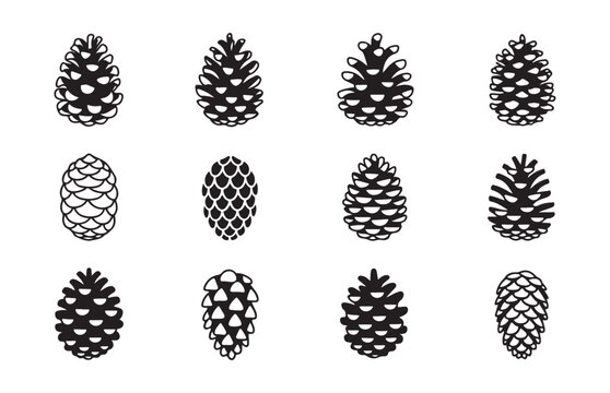 Collection of pine cones icons and silhouettes in various styles on checkered background.