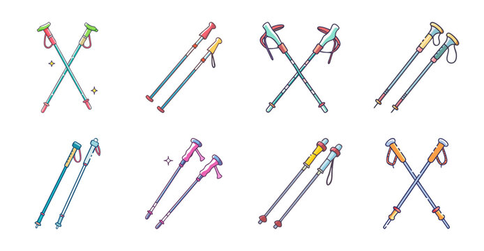 Colorful ski poles set with snowboard and skis - Bright ski poles arranged with skis and snowboard, ideal for winter sports illustration.