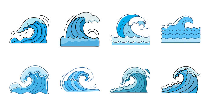 Set of colorful wave icons with ocean background - Bright and cheerful vector wave icons set against a calming blue ocean background, perfect for web and graphic design projects.