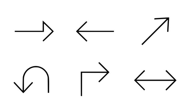 Directional Navigation Arrow Line Icon Set Featuring Straight Left Right Diagonal Curved Return Uturn and Double Ended Pointer Outline Symbols