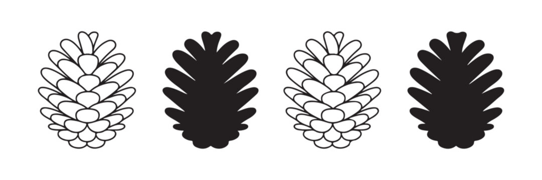 Set of four different black pine cones icons with outline and silhouette on transparent background.